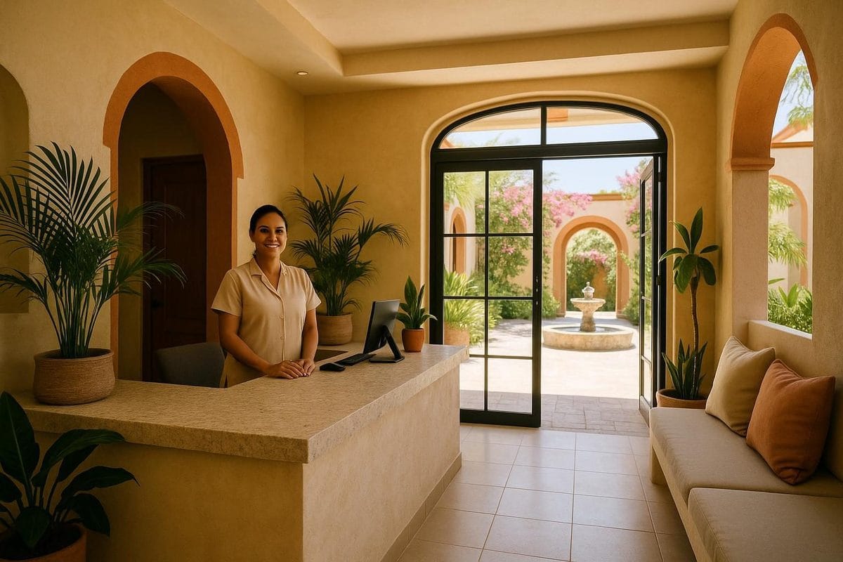 Welcoming reception area at an ibogaine treatment center in Mexico with tropical courtyard