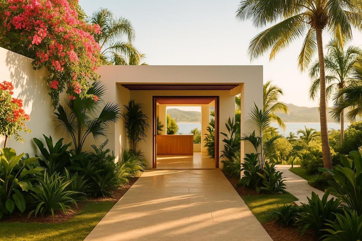 Ibogaine centers Mexico treatment clinic entrance with tropical gardens