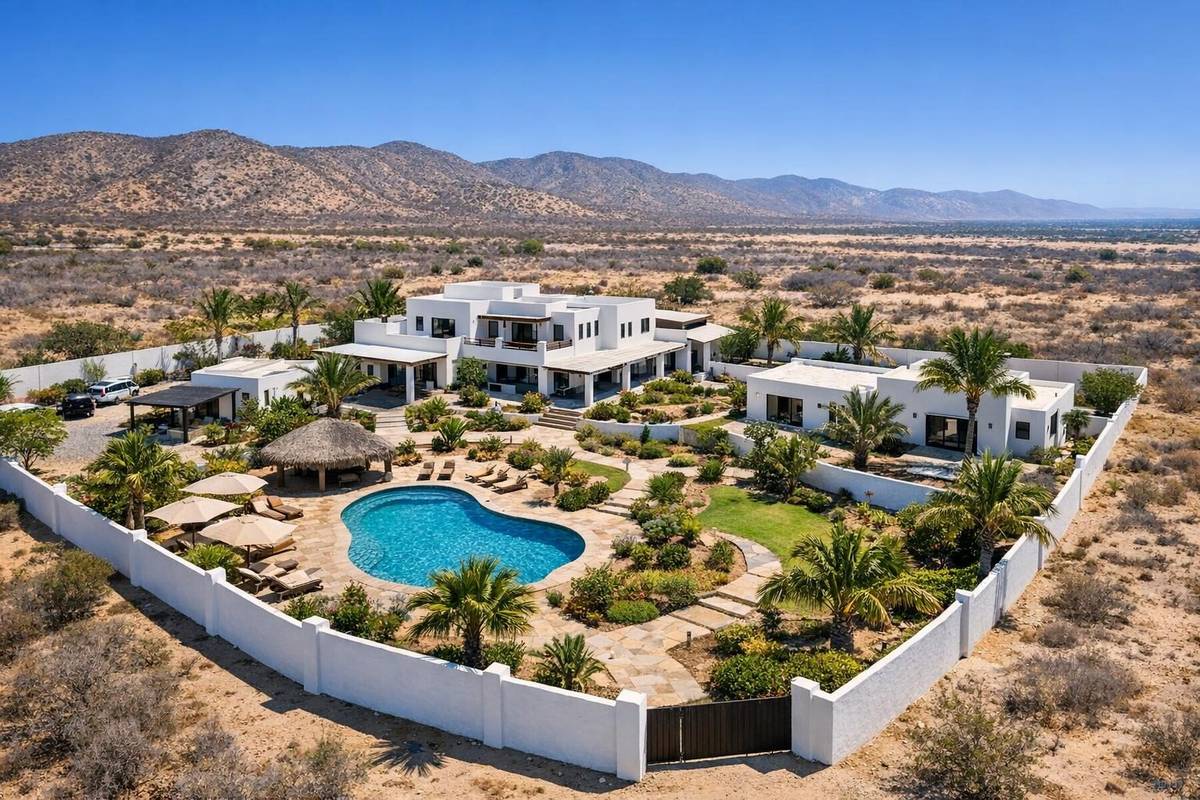 Modern ibogaine treatment center compound with courtyard garden in Mexico