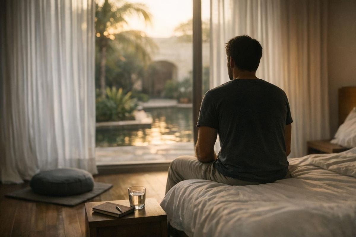 Person in quiet contemplation during ibogaine recovery at a Mexico wellness center