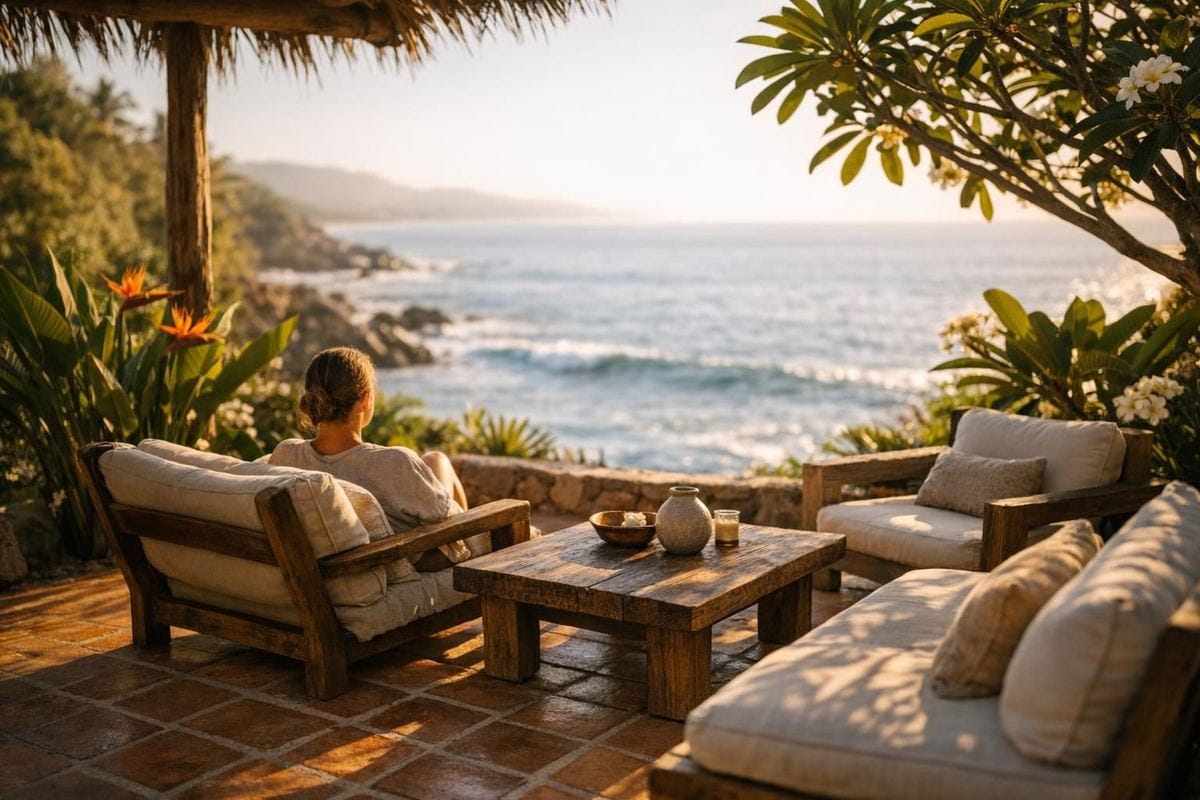 Peaceful outdoor seating area at an ibogaine retreat in coastal Mexico